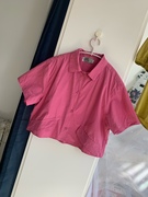 意大利 温柔粉色纯棉短款宽松短袖衬衫小个子好搭配