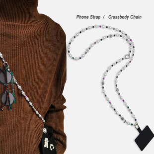 ins风田园小众设计珍珠，串珠手机链挂饰斜挎挂脖手拎手机挂件挂绳