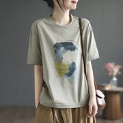 代勒原创夏装纯棉女士短袖T恤中国风印花文艺宽松圆领薄上衣