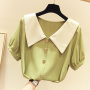 韩国纯色雪纺衬衫，女2022夏季气质大翻领单排扣设计感小众上衣