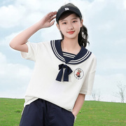 初中生夏季少女t恤海军，领日系蝴蝶结，学生大童短袖水手服上衣