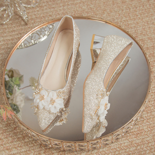 银色新娘鞋婚鞋2024年粗跟高跟鞋女孕妇，不累脚主婚纱水晶单鞋