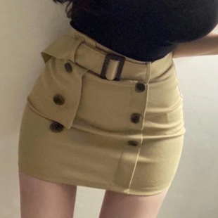 韩国东大门休闲辣妹性感，短裙女人味包臀腰带双排扣半身裙女士