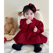 ins韩国秋冬季女童针织，连衣裙洋气公主，灯笼袖毛衣裙婴儿长袖裙子