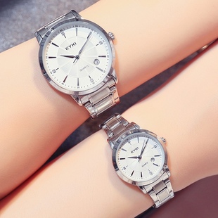 艾奇时尚钢带情侣手表简约日历防水男士腕表潮流对表时装女表