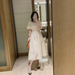 misslady韩版圆领通勤米，白色长裙套头短袖，蕾丝刺绣质感收腰连衣裙