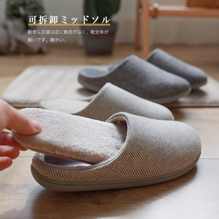 日式冬季家居可拆卸保暖毛绒室内厚底，防滑按摩情侣男女家用棉拖鞋