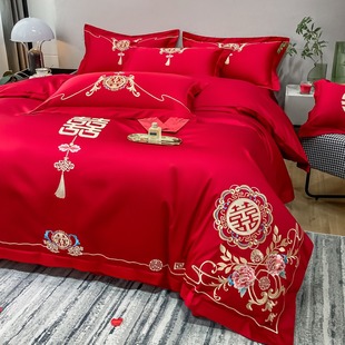 中式喜字结婚四件套，大红色床单被套纯棉高档婚庆，床上用品婚房陪嫁