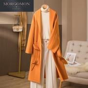 橘色双面羊绒，大衣女中长款秋冬高端连帽系带显瘦毛呢外套