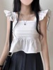 韩国chic夏季甜美小飞袖，衬衫女褶皱，宽松百搭显瘦荷叶边短款雪纺衫