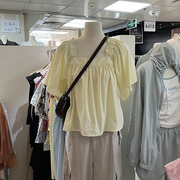 十三行女装2024夏款韩系风方领衬衣休闲减龄娃娃衫露背系带上衣女