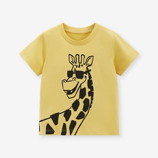 男女童夏季纯棉圆领卡通长颈鹿印花短袖T恤上衣中小童儿童童装L