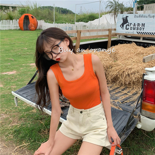 2020夏季韩版港风橙色，橘色桔色无袖方领针织小背心，外穿上衣女