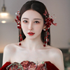 新娘礼服头饰韩式超仙美酒红色，花朵耳挂森系甜美头花敬酒服配饰品