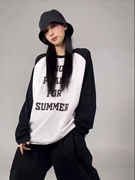 HUALII自制 韩国设计师黑白拼接字母印花插肩长袖T恤女春款