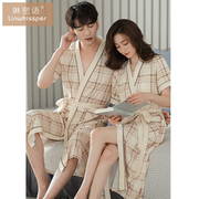 情侣睡袍女士夏季纯棉，短袖睡衣日式和服，浴衣男士格子加大码浴袍