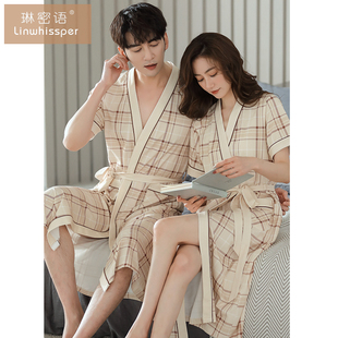 情侣睡袍女士夏季纯棉短袖睡衣日式和服浴衣男士格子加大码浴袍