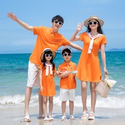 夏季海滩旅游一家三四口亲子装橙色海军风，连衣裙短袖白裤纯棉母