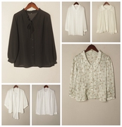 vintage复古时尚纯色夏季长，短袖雪纺衬衫，通勤单排扣宽松上衣y72