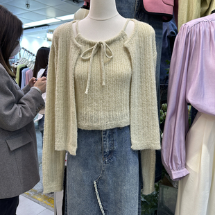 春季韩国东大门2024年韩版宽松两件套针织吊带+系带毛衣纯色