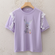 时尚蕾丝花边短袖t恤女夏季洋气宽松显瘦可爱兔子印花上衣潮