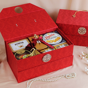 中式喜糖喜饼礼盒成品喜事，结婚订婚双层手提箱大号，婚庆回礼伴手礼