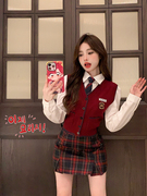 2023韩系制服学院风套装，女酒红色针织，开衫韩剧女主风
