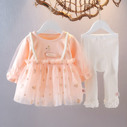 女宝宝秋装裙子1岁小童假吊带裙2女童长袖连衣裙套装婴儿秋季衣服