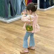 秋季韩版女童时髦洋气套装儿童泡泡袖碎花衬衫牛仔喇叭裤子潮