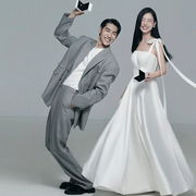 影楼拍照主题服装白色缎面，吊带情侣齐地写真婚纱，简约室内韩版礼服