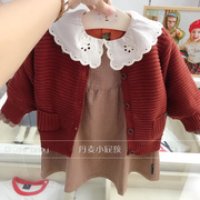 韩国童装 20秋季女童宝宝棕红色泡泡袖洋气毛衣开衫 线衣F3