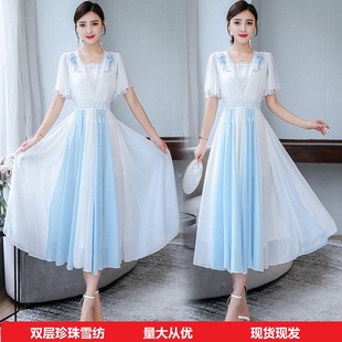 蓝白拼接国风连衣裙，日常夏装女装改良汉服，收腰显瘦刺绣长裙