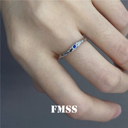 925纯银戒指细圈小众设计蓝锆石肌理女开口可调节不规则不掉色