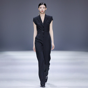 maggiema马婧设计师女装修身可拆卸黑色高腰显瘦短袖连体裤