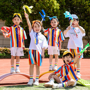 六一儿童啦啦队演出服小学生，运动会服装幼儿园彩条衬衫，舞蹈表演服