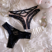 御姐风镂空细带蕾丝粉色黑色丁字裤，女士内裤性感纯欲超薄透明t裤