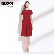 红色连衣裙2023夏季系带，收腰显瘦通勤气质，短袖雪纺裙子中长款