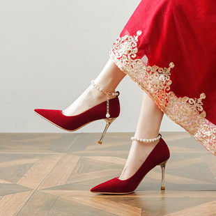 红色婚鞋女一字带珍珠链，新娘鞋秀禾服中式高跟鞋，不累脚孕妇33