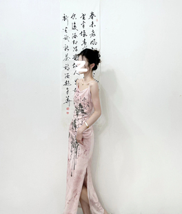 粉色新中式水墨蝴蝶印花设计吊带，连衣裙女夏季修身显瘦长裙潮