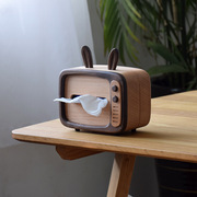 tv兔纸巾盒实木制动物，餐纸盒兔耳朵复古电视，抽纸盒创意家居用品