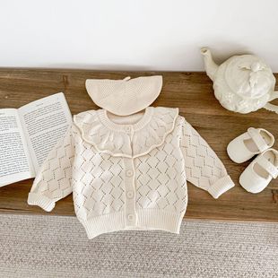 2024春季0-3岁女宝宝婴童毛衣镂空棉纱针织大荷叶领长袖外套