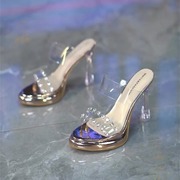 欧美风防水台透明水钻女拖鞋，2024夏季露趾水晶粗跟凉鞋高跟鞋