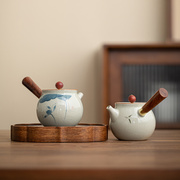 哥窑开片茶壶泡茶器侧把壶木柄单壶陶瓷功夫茶具手工绘制防烫茶壶