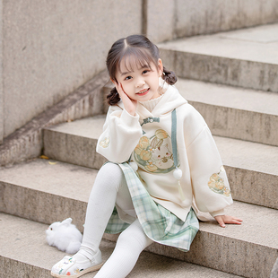 汉服女童冬装宝宝加绒卫衣加厚裙子，儿童唐装中国风刺绣两件套装新