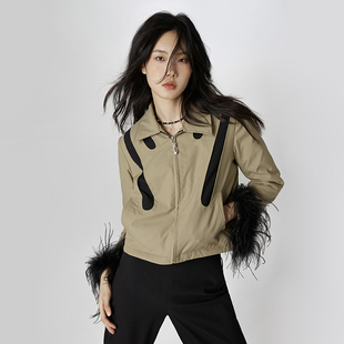 slicedgravity袖口鸵鸟毛短款外套，女原创设计感棉服外衣秋冬