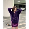 早春搭配一整套女2024年气质紫色毛衣，开衫包臀短裙慵懒风套装