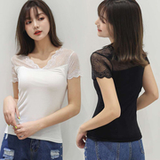 春夏韩版女装拼接蕾丝短袖，t恤内搭显瘦打底衫v领上衣蕾丝体恤