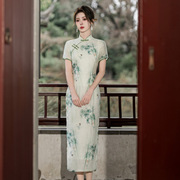 2024春夏清新绿色竹子旗袍短袖，天丝棉麻文艺，素雅修身长款双层