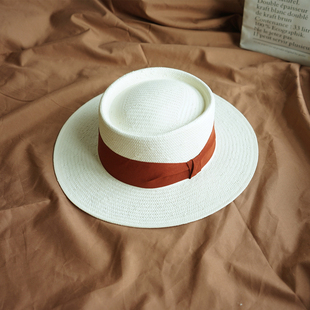 法式复古优雅简约白色巴拿马编织平顶礼帽女夏天遮阳度假沙滩草帽