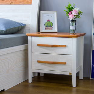 纯实木床头柜白色压纹原木北欧现代简约卧室家具全实木双层抽屉柜